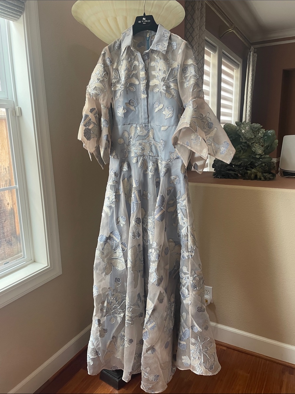 Brand new Badgley Mischka Silver and Light Blue Embroidered Maxi Dress